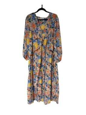 VILA Floral Tie-Front Long Sleeve Maxi Dress - Yellow, Blue & Orange